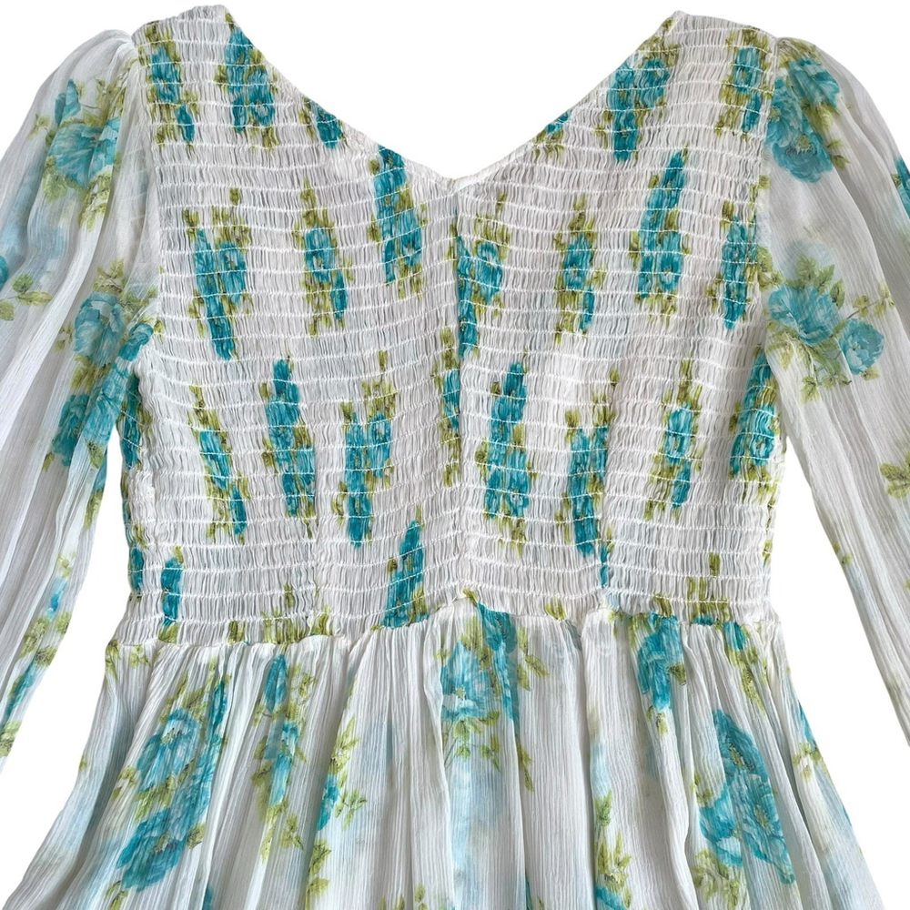 Zimmermann Silk Green White Floral Smocked Babydoll Mini Dress Size 1 M No Liner - Picture 14 of 16